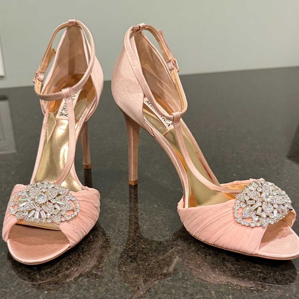 Badgley Mischka Blush Satin Heels with Crystal Accents
